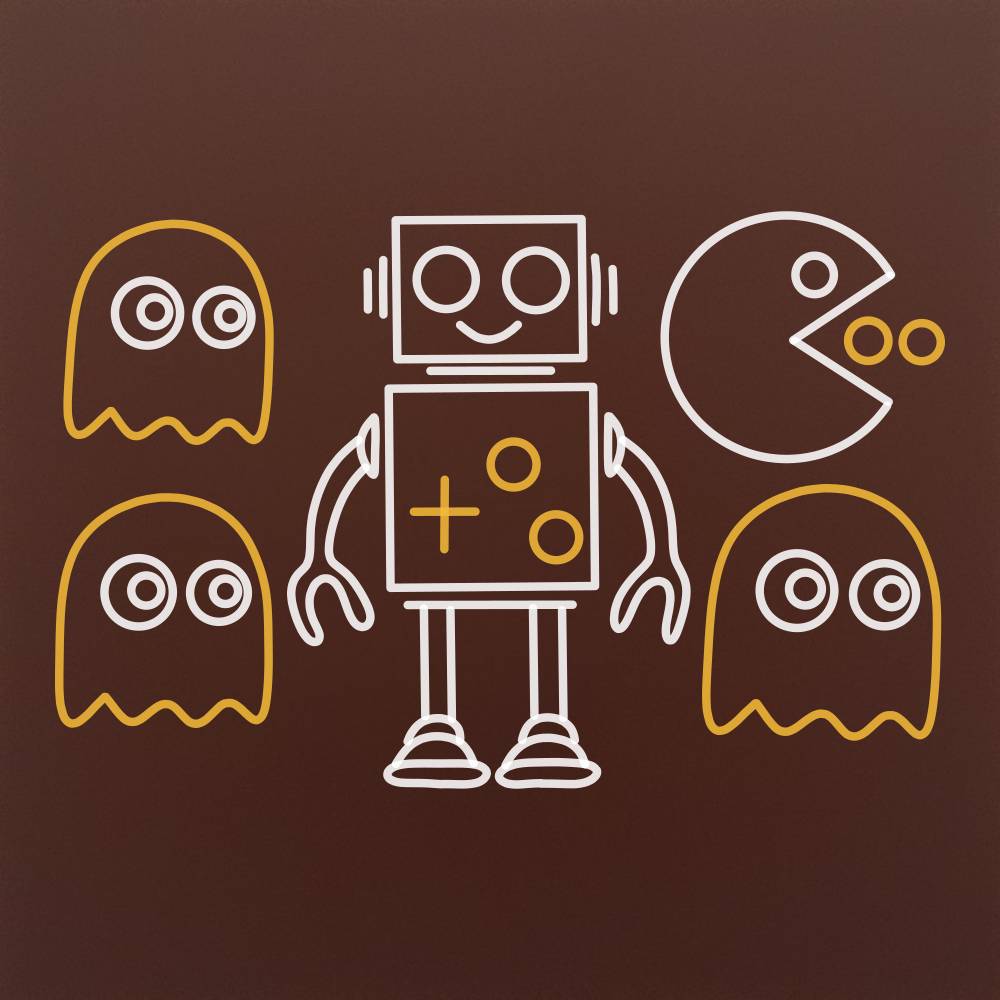 Tableta din ciocolata - Robot si fantome retro gaming - model linework